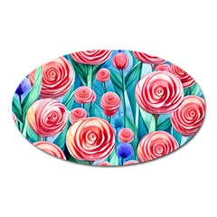 Brilliantly Hued Watercolor Flowers In A Botanical Oval Magnet