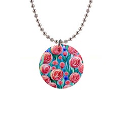 Brilliantly Hued Watercolor Flowers In A Botanical 1  Button Necklace by GardenOfOphir