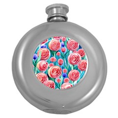 Brilliantly Hued Watercolor Flowers In A Botanical Round Hip Flask (5 oz)