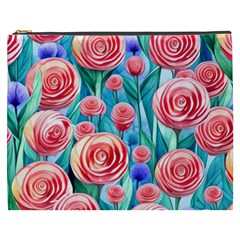 Brilliantly Hued Watercolor Flowers In A Botanical Cosmetic Bag (XXXL)