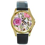 Summertime Blooms Round Gold Metal Watch Front