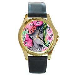 Aesthetics Tropical Flowers Round Gold Metal Watch by GardenOfOphir