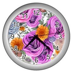 Country-chic Watercolor Flowers Wall Clock (silver) by GardenOfOphir