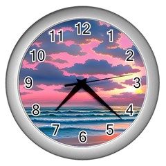 Sunset Over The Beach Wall Clock (silver) by GardenOfOphir