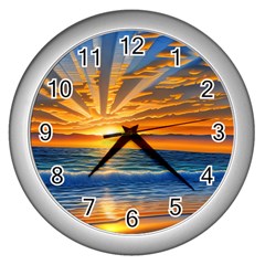 Sunset Scenic View Photography Wall Clock (silver) by GardenOfOphir