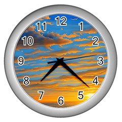 Orange Sunset On The Beach Wall Clock (silver) by GardenOfOphir