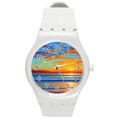 Golden Sunsets Over The Ocean Round Plastic Sport Watch (m) by GardenOfOphir