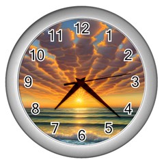 Waves At Sunset Wall Clock (silver) by GardenOfOphir