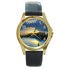 Crimson Sunset Round Gold Metal Watch by GardenOfOphir