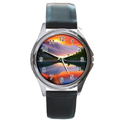 Flaming Sunset Round Metal Watch by GardenOfOphir