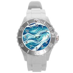 Abstract Blue Ocean Waves Round Plastic Sport Watch (l) by GardenOfOphir
