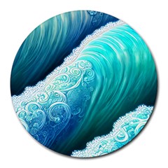 Abstract Waves In Blue And Green Round Mousepad by GardenOfOphir