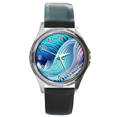 Ocean Waves Pastel Round Metal Watch by GardenOfOphir