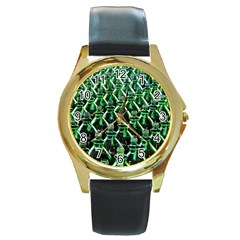 Bottles Green Drink Pattern Soda Refreshment Round Gold Metal Watch by Ravend