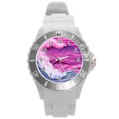 Abstract Pink Ocean Waves Round Plastic Sport Watch (l) by GardenOfOphir