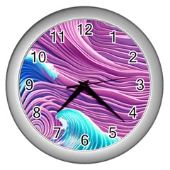 Pink Water Waves Wall Clock (silver) by GardenOfOphir