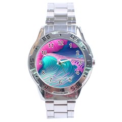 Pink Waves On The Beach Stainless Steel Analogue Watch by GardenOfOphir