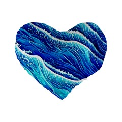 Blue Ocean Wave Watercolor Standard 16  Premium Flano Heart Shape Cushions by GardenOfOphir