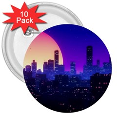 The Sun Night Music The City Background 80s 80 s Synth 3  Buttons (10 Pack)  by Jancukart