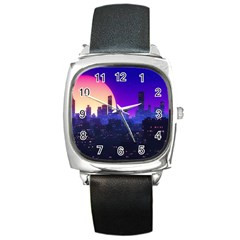 The Sun Night Music The City Background 80s 80 s Synth Square Metal Watch by Jancukart