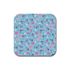 Pink And Blue Floral Wallpaper Rubber Coaster (square) by Jancukart