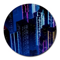 Night Music The City Neon Background Synth Retrowave Round Mousepad by Jancukart