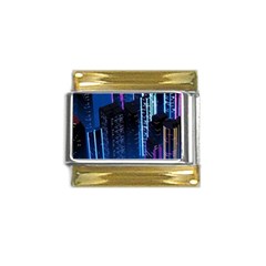 Night Music The City Neon Background Synth Retrowave Gold Trim Italian Charm (9mm)