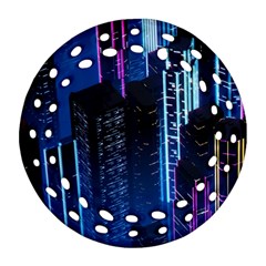 Night Music The City Neon Background Synth Retrowave Ornament (round Filigree)