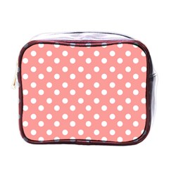 Coral And White Polka Dots Mini Toiletries Bag (one Side) by GardenOfOphir