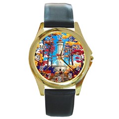 Lighthouse Round Gold Metal Watch