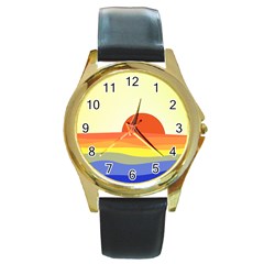 Sunset Nature Sea Ocean Round Gold Metal Watch