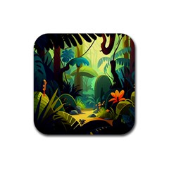 Jungle Rainforest Tropical Forest Rubber Coaster (square) by Ravend