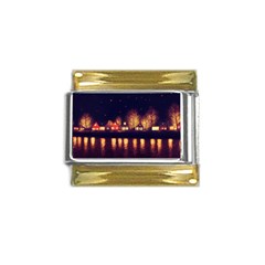 Night Houses River Bokeh Leaves Gold Trim Italian Charm (9mm)