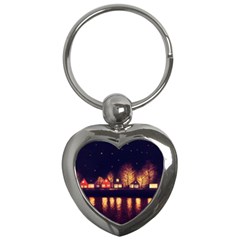 Night Houses River Bokeh Leaves Key Chain (heart)