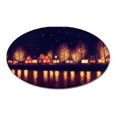 Night Houses River Bokeh Leaves Oval Magnet