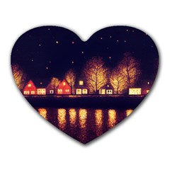 Night Houses River Bokeh Leaves Heart Mousepad