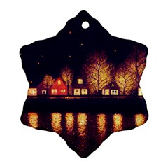 Night Houses River Bokeh Leaves Ornament (snowflake) by Ravend