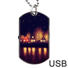 Night Houses River Bokeh Leaves Dog Tag Usb Flash (two Sides) by Ravend