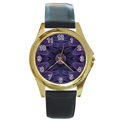 Gometric Shapes Geometric Pattern Purple Background Round Gold Metal Watch