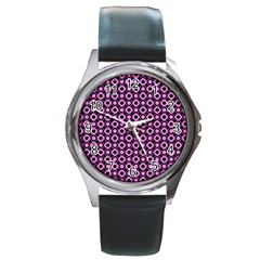 Pink Donuts Pink Filling On Black Round Metal Watch by Mazipoodles