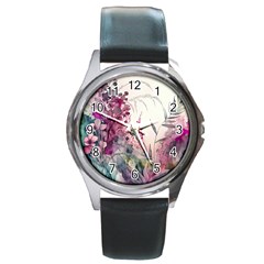 Ai Generated Flowers Watercolour Nature Plant Round Metal Watch