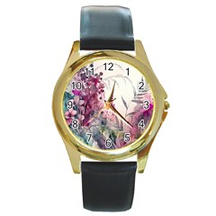 Ai Generated Flowers Watercolour Nature Plant Round Gold Metal Watch