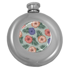 Flowers Petals Pattern Drawing Design Background Round Hip Flask (5 Oz) by Ravend