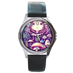 Fairy Mushroom Illustration Design Round Metal Watch by GardenOfOphir