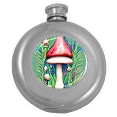 Vintage Forest Mushrooms Round Hip Flask (5 Oz) by GardenOfOphir