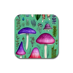 Foraging In The Mushroom Forest Rubber Coaster (square) by GardenOfOphir