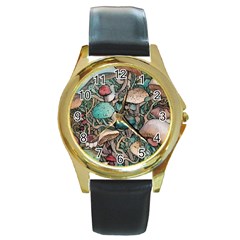 Tiny Forest Mushrooms Round Gold Metal Watch by GardenOfOphir