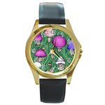 Woodsy Pottery Forest Mushroom Foraging Round Gold Metal Watch Front
