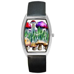 Cozy Mushroom Forest Historical Boho Barrel Style Metal Watch by GardenOfOphir