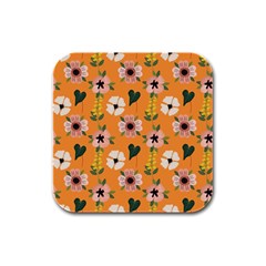 Flower Orange Pattern Floral Rubber Square Coaster (4 Pack)